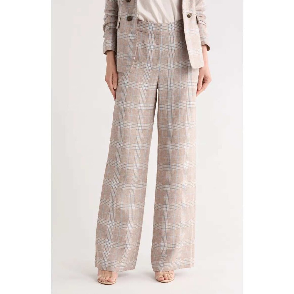 Veronica Beard Plaid Wide Leg Pants Womens 8 Brown Blue Linen High Rise Trousers